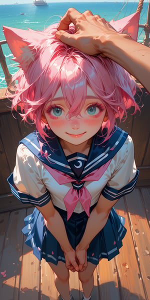 score_9, score_8_up, score_7_up, score_6_up, score_5_up, score_4_up, source_anime,(masterpiece, high quality, 8K, high_res),1boy,catboy, petite,cute,solo,,pink hair,heavy blush,smile,((((blue eyes,pink eyelashes,pink mascara))),,shy,,short hair,wolf cut,hair between eyes,(cat ears),(wearing a sailor uniform,flat chest,serafuku,berat, sailor skirt),on a  ship, from above,headpat, pov hands