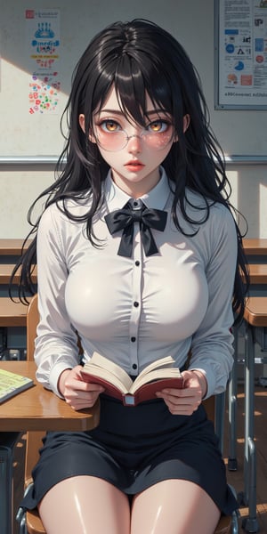 score_9, score_8_up, score_7_up, source_anime, 1girl, speedlines, expressive , ((hourglass figure)), ringed brown eyes,Fit, smooth skin,((blushing)), ((Classroom)), college girl,long black hair, wavy hair,buttoned shirt,bow tie,skirt, ((shy)), (sitting on the chair), (desk infront of her),(book on the desk),(eyes on the book), blushing,front view, sitting straight, timid face,full view