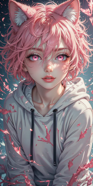 ,(masterpiece), best quality, expressive eyes, perfect face,1boy,pink hair,blushing, smiling,short hair,wolf cut,hair between eyes,pink eyes,(cat ears), wearing an oversized hoodie