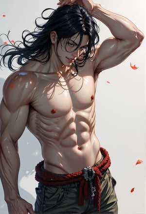 masterpiece,best quality,1boy, muscular,broad shoulder,pectorals,tall,handsome,long hair, black hair,fixing his hair,smirk,baggy pants,half body image,dynamic angle 