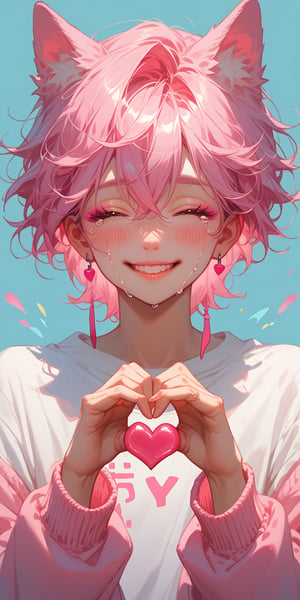 score_9, score_8_up, score_7_up, score_6_up, score_5_up, score_4_up, source_anime,(masterpiece, high quality, 8K, high_res),1boy, pastel colours, pastel anime,catboy, petite,cute,solo,,pink hair,heavy blush,((((pink eyelashes,pink mascara))),,short hair,wolf cut,hair between eyes,(cat ears),(closed eyes, crying, parted lips, smile, happy smile), making heart sign with hands