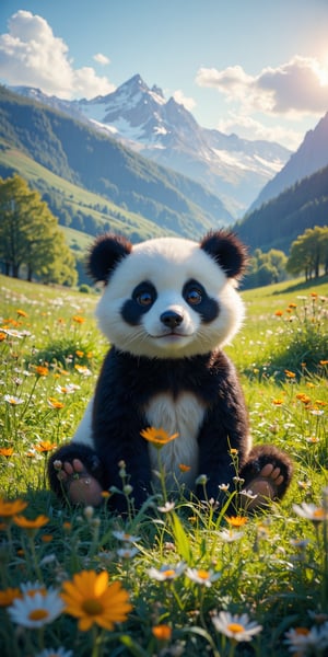 Soft focus on an adorable anime-style panda sitting in a vast green meadow, surrounded by rolling hills and distant majestic mountains. The panda's fluffy fur and big round eyes are the focal point, with the serene landscape creating a sense of tranquility. The warm sunlight casts gentle shadows across the field, highlighting the lush grass and the panda's cuddly pose.