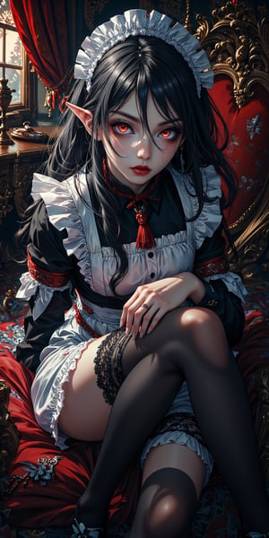 score_8_up, score_7_up, socre_6_up, score_5_up,source_anime,detailed eyes,expressive eyes,dynamic angle,full body portrait,1female, vampire,shaltear bloodfallen inspired,gothic,(smoky dark red eyes),perfect eyes,sharp gaze,(red lips),perfect shaped,long hair,,(dark silver hair),(wavy hair), facial expression,((angry look)),maid outfit,(sitting,seiza),background,royal mansion