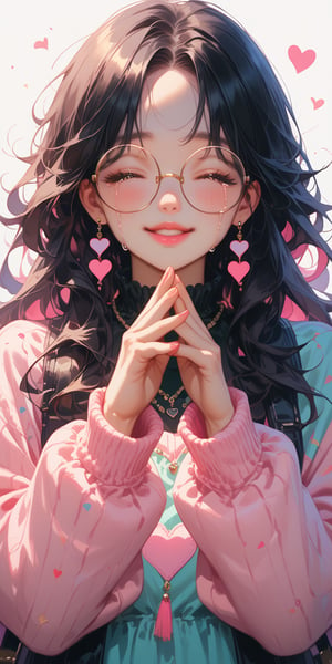 score_9, score_8_up, score_7_up, score_6_up, score_5_up, score_4_up, source_anime,(masterpiece, high quality, 8K, high_res),1girl, pastel colors, pastel anime,black hair, long hair, forehead, round eyewear,pink lips,(eyes closed), crying, smiling, parted lips, making heart sign with hands