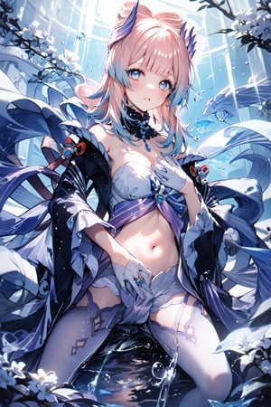 An animated image of an anime girl with long pink hair and blue eyes. She is wearing a white bikini top with a blue skirt underneath. The bikini top is tied with a black string. There are pink flowers on the bikini top. The girl is sitting in a body of water. The water is splashing around her. There is a blue sky in the background,midjourney,kokomidef