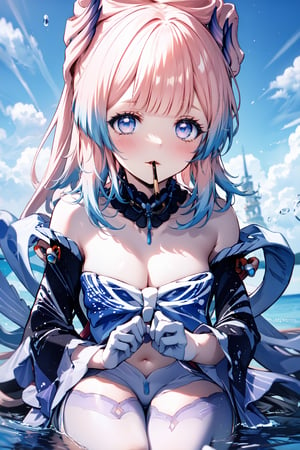 An animated image of an anime girl with long pink hair and blue eyes. She is wearing a white bikini top with a blue skirt underneath. The bikini top is tied with a black string. There are pink flowers on the bikini top. The girl is sitting in a body of water. The water is splashing around her. There is a blue sky in the background,midjourney,kokomidef,lora:pockydirect1-000010:1