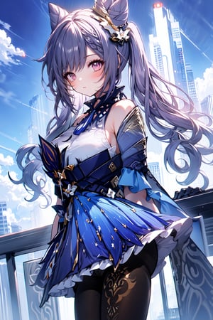 An animated image of a girl with long blonde hair and a red rose in her hair. She is wearing a white corset with a blue bow around her waist. Her wings are spread out behind her and she is flying in the air. There are tall buildings in the background. The sky is dark blue with white clouds,midjourney,keqingdef,upshirt