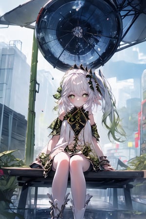 An animated image of a girl with long white hair and green eyes. She is sitting on a black table with a black umbrella above her head. The girl is wearing a white dress with green decorations on it. Her legs are crossed and her feet are crossed. She has brown straps on her feet. There are buildings in the background. The sky is blue with white clouds.midjourney,nahidadef, nahidarnd,