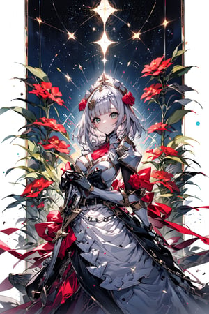 An animated image of an anime girl with long pink hair and blue eyes. The girl is wearing a white dress with a black belt around her waist. She is also wearing a black and red kimono with white flowers on it. There is a gold crown on her head. The background is dark and there are white stars in the sky,midjourney,noelledef