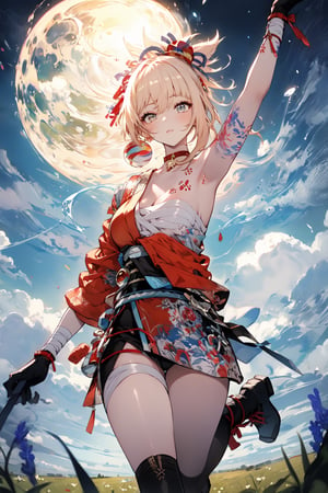 An animated image of an anime girl with long light brown hair and blue eyes. She is wearing a white dress with a black belt around her waist. Her boots are black with white laces. The girl is standing in a field of grass. The sky is blue with white clouds and the moon is visible in the top left corner of the image,midjourney,yoimiyadef