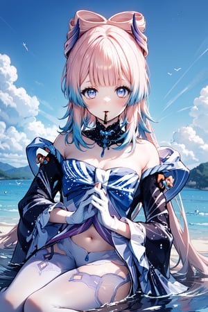 An animated image of an anime girl with long pink hair and blue eyes. She is wearing a white bikini top with a blue skirt underneath. The bikini top is tied with a black string. There are pink flowers on the bikini top. The girl is sitting in a body of water. The water is splashing around her. There is a blue sky in the background,midjourney,kokomidef,lora:pockydirect1-000010:1