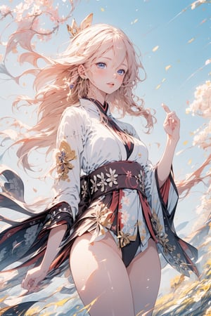 (masterpiece:1,2),best quality,(highres:1.1),original,extremely detailed wallpaper,perfect lighting,(extremely detailed CG:1.2), long hair drifting in the wind,(see-through:1.2),hair flower,french braid,reflective,(a glowing body:1.1),(wide_shot:1.4),(sunahara yoshimi:1.2),