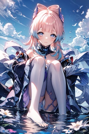 An animated image of an anime girl with long pink hair and blue eyes. She is wearing a white bikini top with a blue skirt underneath. The bikini top is tied with a black string. There are pink flowers on the bikini top. The girl is sitting in a body of water. The water is splashing around her. There is a blue sky in the background,midjourney,kokomidef