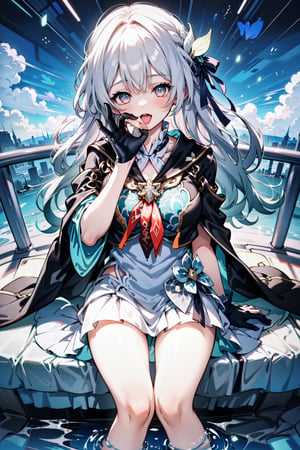 An animated image of an anime girl with long white hair and green eyes. She is wearing a silver armor with black gloves on her hands. The girl is sitting on a body of water that is splashing around her. There are white clouds in the background. There is a red rose on her head.midjourney,firefly \(honkai: star rail\),lora:felges1-000024:1