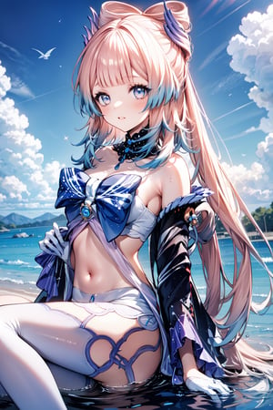 An animated image of an anime girl with long pink hair and blue eyes. She is wearing a white bikini top with a blue skirt underneath. The bikini top is tied with a black string. There are pink flowers on the bikini top. The girl is sitting in a body of water. The water is splashing around her. There is a blue sky in the background,midjourney,kokomidef