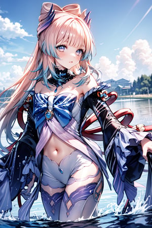 An animated image of a girl with long white hair and green eyes. She is standing on a body of water that is splashing around her. The girl is wearing a white and green dress with a black belt around her waist. She has a crown on her head. There are blue and white clouds in the sky behind her. There is a reflection of the sun shining on her face in the water,midjourney,kokomidef