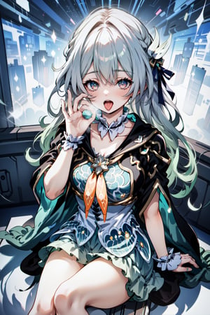 An animated image of an anime girl with long white hair and green eyes. She is wearing a silver armor with black gloves on her hands. The girl is sitting on a body of water that is splashing around her. There are white clouds in the background. There is a red rose on her head.midjourney,firefly \(honkai: star rail\),lora:felges1-000024:1