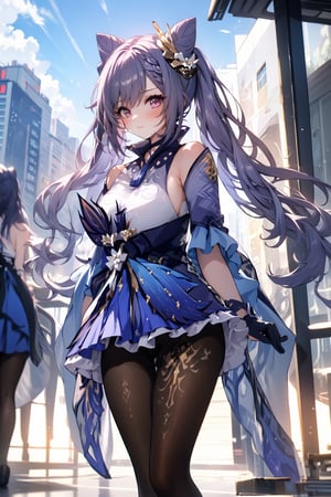 An animated image of a girl with long blonde hair and a red rose in her hair. She is wearing a white corset with a blue bow around her waist. Her wings are spread out behind her and she is flying in the air. There are tall buildings in the background. The sky is dark blue with white clouds,midjourney,keqingdef,sexy pose, ,up legs, leg_up, legs together up, pantyhose,lyco:feetaway1-000006:1.0