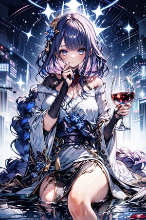 An animated image of a woman with long pink hair and blue eyes. She is wearing a white and black dress with a black belt around her waist. The woman is holding a glass of wine in her right hand. Her hair is tied back in a ponytail. Her eyes are blue and her hair is a light pink color. There is a black purse on her lap.