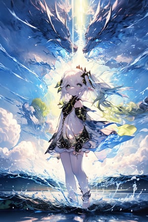 An animated image of a girl with long blonde hair and a crown on her head. She is standing on top of a blue wave. The girl is wearing a white bathing suit with green accents. Her hair is blowing in the wind. Her arms are out to her sides. Her eyes are a piercing green. Her right arm is wrapped around her waist. Her left arm is draped over her right arm. Her head is turned to the right. Her wings are long and wavy. The water is splashing around her.midjourney,nahidadef, nahidarnd,