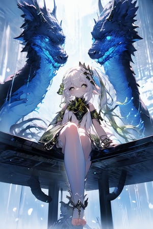 An animated image of a girl with long white hair and green eyes. She is sitting on a black table with a black umbrella above her head. The girl is wearing a white dress with green decorations on it. Her legs are crossed and her feet are crossed. She has brown straps on her feet. There are buildings in the background. The sky is blue with white clouds.midjourney,nahidadef, nahidarnd,