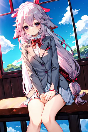 An animated image of a girl with long white hair and blue eyes. She is wearing a gray blazer with a white shirt and a red bow tie. Her eyes are blue. Her hair is tied in a ponytail with a pink bow at the top of her head. The girl is sitting in front of a window with a blue sky and white clouds in the background. Her feet are crossed over a brown table.,yae_miko