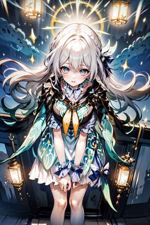 An animated image of a girl with long white hair and green eyes. She is holding a lantern in her right hand. The lantern is glowing with a yellow light. The girl is wearing a white dress with green leaves on it. Her arms are covered with bracelets on her left arm. Her left arm is wrapped around a white scarf. The background is a clear blue sky with fluffy white clouds.midjourney,firefly \(honkai: star rail\),bent over and from front,leaning forward,down_blouse