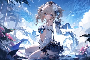 An animated image of an anime girl with long pink hair and blue eyes. She is wearing a white bikini top with a blue skirt underneath. The bikini top is tied with a black string. There are pink flowers on the bikini top. The girl is sitting in a body of water. The water is splashing around her. There is a blue sky in the background,midjourney,yaemikodef,barbaradef