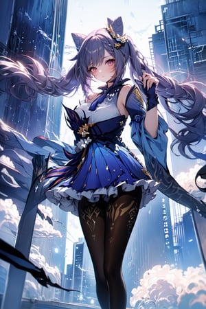 An animated image of a girl with long blonde hair and a red rose in her hair. She is wearing a white corset with a blue bow around her waist. Her wings are spread out behind her and she is flying in the air. There are tall buildings in the background. The sky is dark blue with white clouds,midjourney,keqingdef,upshirt