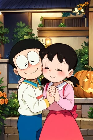 score_9, score_8_up, score_7_up, score_6_up, score_5_up, score_4_up, source_anime, ((nobi_nobita_glasses)), (couple, hetero, 2person), 1girl, 1boy, holding hands, smile, blush, closed eyes, minamoto shizuka, low twintails, halloween, halloween costume,masterpiece, best quality,