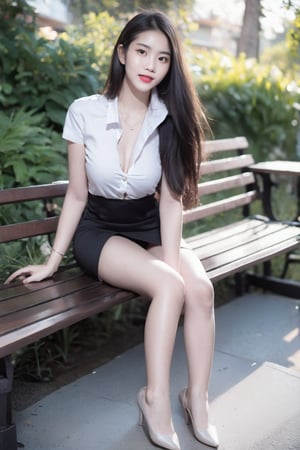 A beautiful Thai woman 17 year old with fair skin,pale skin, red lips, long hair,highlight white hair, wearing an shiny white short shirt top and short black skirt, on a bench in front of the house. There are flower.full body photo, wide angle, wide angle shot