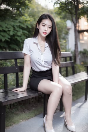 A beautiful Thai woman 17 year old with fair skin,pale skin, red lips, long hair,highlight white hair, wearing an shiny white short shirt top and short black skirt, on a bench in front of the house. There are flower.full body photo, wide angle, wide angle shot