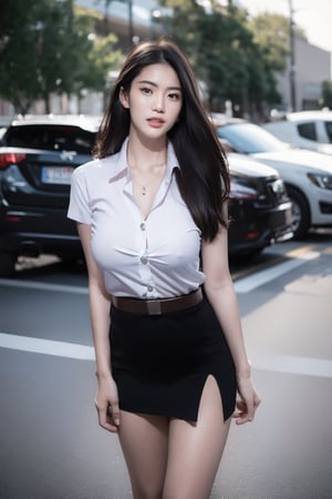 a Asian woman 19 Year old  with long highlight white and brown hair, wearing a white button-down fitted shirt, a fitted black short skirt, and a brown belt with a silver charm on it. She is standing in front of a backdrop of a parking lot, with a row of parked motorbikes and cars parked in the parking lot. The woman's lips are painted red, adding a pop of color to the scene.