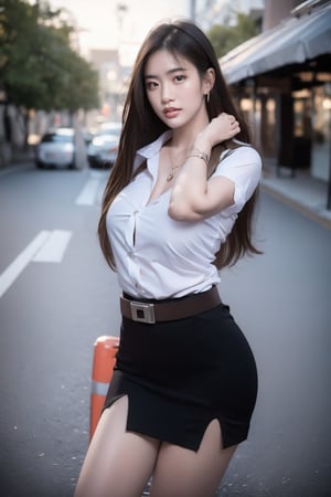 a Asian woman 19 Year old  with long highlight white and brown hair, wearing a white button-down fitted shirt, a fitted black short skirt, and a brown belt with a silver charm on it. She is standing in front of a backdrop of a parking lot, with a row of parked motorbikes and cars parked in the parking lot. The woman's lips are painted red, adding a pop of color to the scene.