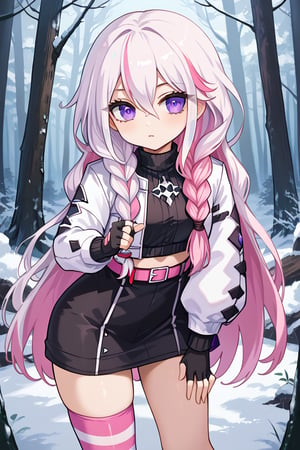 astellar, multicolored hair pink hair, white hair purple eyes, twin braids, very long hair, hair between eyes white jacket, cropped jacket, black shirt, black fingerless gloves, pink belt, black short, single thighhigh, striped thighhigh, snowy forest white light night,