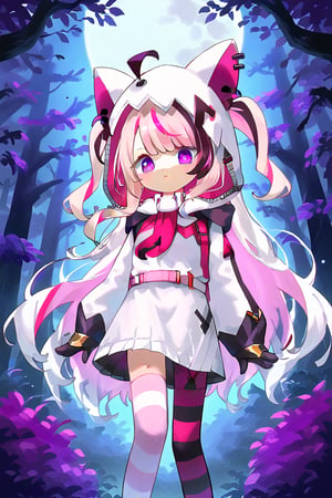 purple eyes, pink hair, white hair very long hair, streaked hair, animal ears, purple animal ear hood, white shirt, black wide skirt, white wide skirt pink belt, single thighhigh, striped thighhighs full moon purple forest pose purple light jumping