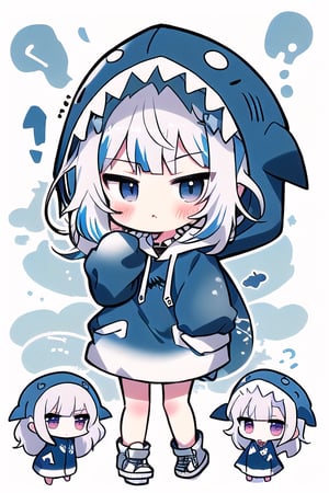 gawr gura, blue hoodie, shark white hood chibi
