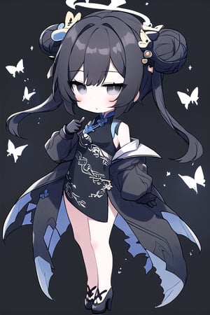 kisaki, grey eyes, black hair, hair bun, double bun, twintails, butterfly hair ornament, halo china dress, black dress, sleeveless dress, dragon print,, single off shoulder, black gloves, black high heels chibi
