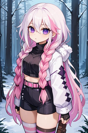 astellar, multicolored hair pink hair, white hair purple eyes, twin braids, very long hair, hair between eyes white jacket, cropped jacket, black shirt, black fingerless gloves, pink belt, black short, single thighhigh, striped thighhigh, snowy forest white light night