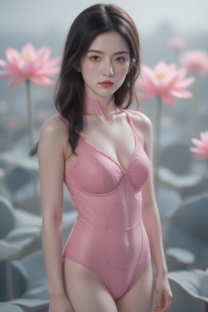 A young Asian woman stands confidently against a stark lotus background, wearing a vibrant pink two-piece swimsuit that cascades down her shoulders like a fiery waterfall. Her long hair flows behind her as she poses, her piercing blue eyes sparkling with confidence and her darker pink lips curled into a subtle smile. The bold color of the swimsuit creates a striking contrast with the neutral background, drawing attention to her radiant features.