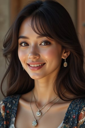 Beautiful latina, soft light, (beautiful and delicate eyes), very detailed, pale skin, big smile, (long hair), dreamy, medium chest, female 1, ((front shot)), bangs, soft expression, height 170, elegant , Bright smile, 8k art photo, photorealistic concept art, realistic, person, small necklace, small earrings, fantasy, jewelry, shyness, dreamy soft image, masterpiece, ultra high resolution, skirt, shirt, jacket, color , (both eyes (winds gently), (raises head slightly and looks immersed in happy thoughts),colorful,glitter,Latina