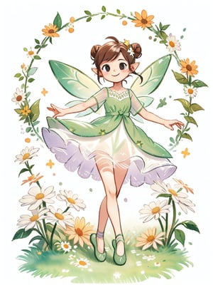 1girl, solo, looking at viewer, blush, smile, bangs, simple background, brown hair, hair ornament, white background, dress, closed mouth, standing, full body, flower, short sleeves, wings, shoes, pointy ears, vines, hair flower, hair bun, star \(symbol\), see-through, single hair bun, daisies, purple dress, ballet_slippers, fairy wings, fairy, green footwear, watercolor_(medium)