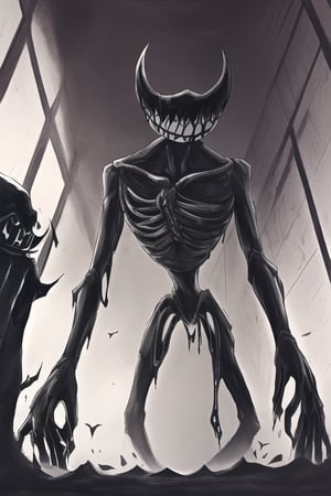 In a dimly lit, abandoned cartoon studio, Bendy's twisted form emerges from the shadows. His once-human body now contorts into a grotesque mass of black, viscous ink. The air is heavy with malevolent intent as he stalks his prey through crumbling hallways and dusty studios. A lone figure, unsuspecting and vulnerable, is drawn to his inky grasp like moths to a flame. As they succumb to his dark allure, Bendy's being swallows them whole, transforming them into mindless, ink-encased abominations, forever trapped within his dark, inky abyss.