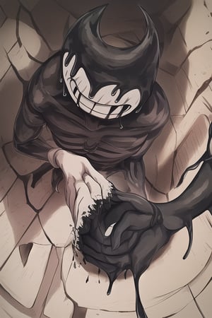 In a dimly lit, abandoned cartoon studio, Bendy's twisted form emerges from the shadows, his once-human body now contorting into a grotesque mass of black, viscous ink. A lone figure, unsuspecting and vulnerable, is drawn to his inky grasp like moths to a flame. The air is heavy with malevolent intent as he stalks through crumbling hallways and dusty studios. Framed by worn-out animation cells, Bendy's gloved hand reaches out, trying to catch the prey. His white bow now covered in ink, he looms large, his dark, inky abyss seeming to pull everything towards him. The subject, now consumed by his twisted allure, is forever trapped within his grasp.