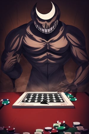 A dark, mysterious figure emerges from shadows, The Ink Demon's twisted grin gleams like a wicked moon. He stands triumphantly before a wooden tabletop, poker chips and playing cards strewn about, the Queen's regal visage taunting on the boardgame box as if mocking your defeat.