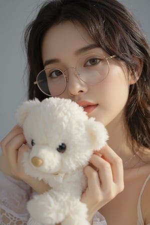 (masterpiece, cinematic, photorealistic, realistic details, dynamic light & pose, high quality, perfect lighting), Beautiful Woman with dark hair, wearing round glasses, (holding a tiny cute and adorable white plush fluffy chibi-style teddy bear with large black eyes),soft focus