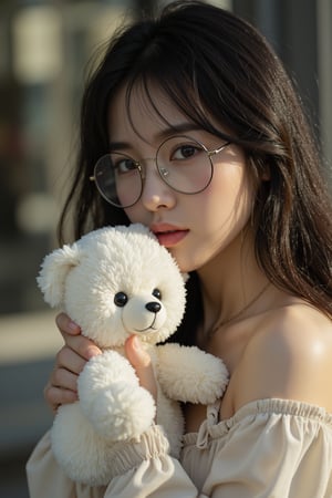 (masterpiece, cinematic, photorealistic, realistic details, dynamic light & pose, high quality, perfect lighting), Beautiful Woman with dark hair, wearing round glasses, (holding a tiny cute and adorable white plush fluffy chibi-style teddy bear with large black eyes)