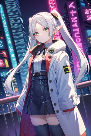 (score_9:0.9),score_8_up,score_7_up,anime style,,Cyberpunk city background,neon lights,stand,head look up, BREAK,1girl, solo,Frieren, shut up, gray hair, long hair, green eyes, twin tails, red earrings, elf pointed ears, red eyeliner,white coat,looking at viewer,white thighhighs,collared shirt,standing,black neck ribbon,sleeves past wrists,sleeves past fingers,dutch angle,dynamic_angle,cowboy_shot,[lora:DL_MS_pony-000028:1>,DL_MS,]