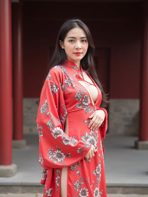 A photo of a Chinese woman 22-year old with china ancient dress ,Cheongsam,CleavageCleavage, standing, full body,in china temple 