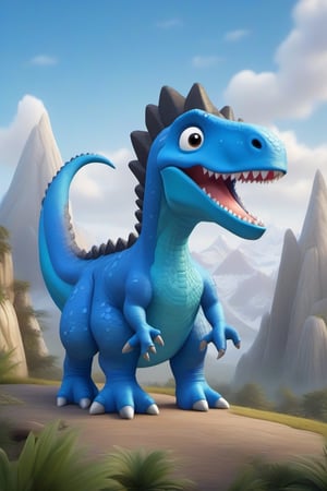 A whimsical illustration of a cartoon blue Sky crystal dinosaur perched atop a majestic crystal mountain backdrop, its long tail adorned with a sharp blue sky crystal. The dinosaur's elongated head features a pointed nose and open mouth, showcasing its tongue and razor-sharp fangs protruding outwards. A black line extends from its mouth to the right, drawing attention to its stance. Above the dinosaur's head, wavy lines form the shape of an additional head, with an arrow pointing rightward. Below the arrow, three buttons are arranged, one bearing the numeral 8.0. The overall composition is playful and fantastical, inviting the viewer to step into this enchanting world.,3d style,dash_parr,Animal